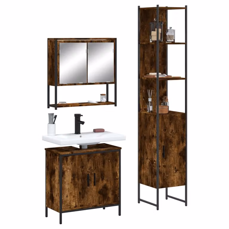Set di mobili da bagno moderno vidaXL in legno e metallo marrone composto da 3 pezzi con armadietto specchio e mobile lavabo