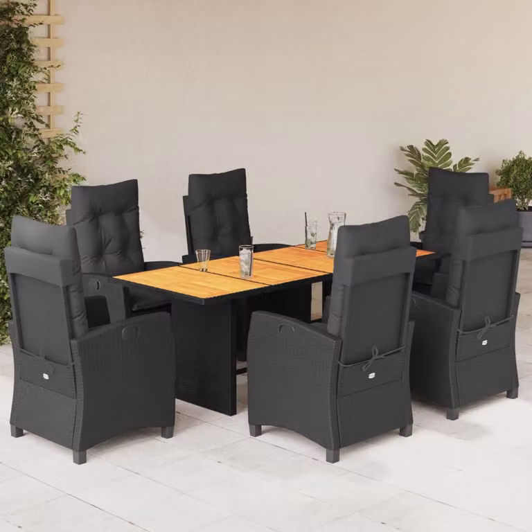 Set da pranzo da giardino vidaXL in legno di acacia oliato e polyrattan nero con 7 pezzi