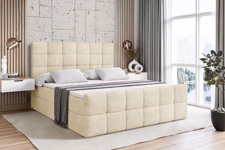 Letto boxspring ALTDECOR con materasso e rete a doghe - - BRUGO -Z - 140x200 cm - Beige Monolith - Letto boxspring, pediera, topper, letto imbottito con contenitore, letto con contenitore H3 - Materasso, letto matrimoniale, letto boxspring