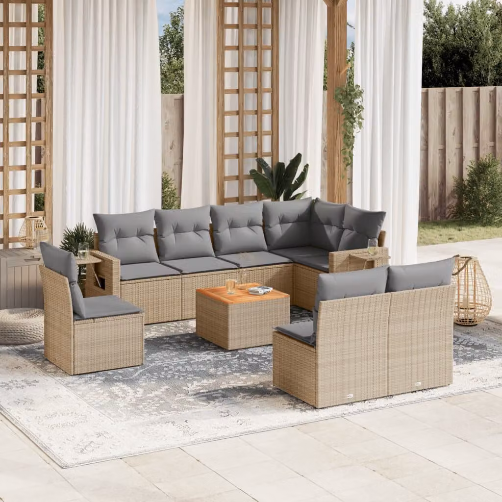 vidaXL Set Divano da Giardino a L 9 pz in Polyrattan con Cuscini Beige e Tavolino da Esterno – 1