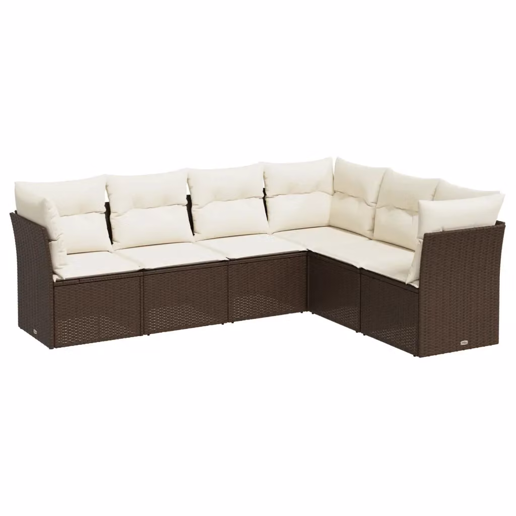 vidaXL Set di Divani da Giardino a L composto da 6 pezzi con Cuscini Marroni e Bianchi in Polyrattan e Acciaio – 2