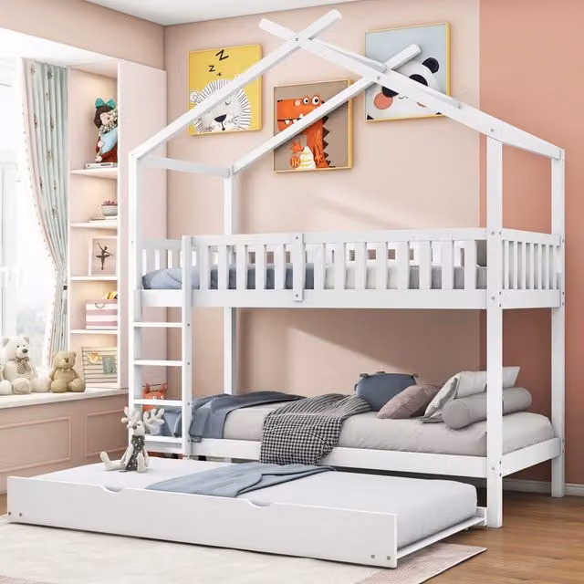 Letto a casetta per bambini e ragazzi 90x200 cm con tre letti estraibili, design salvaspazio - Bianco