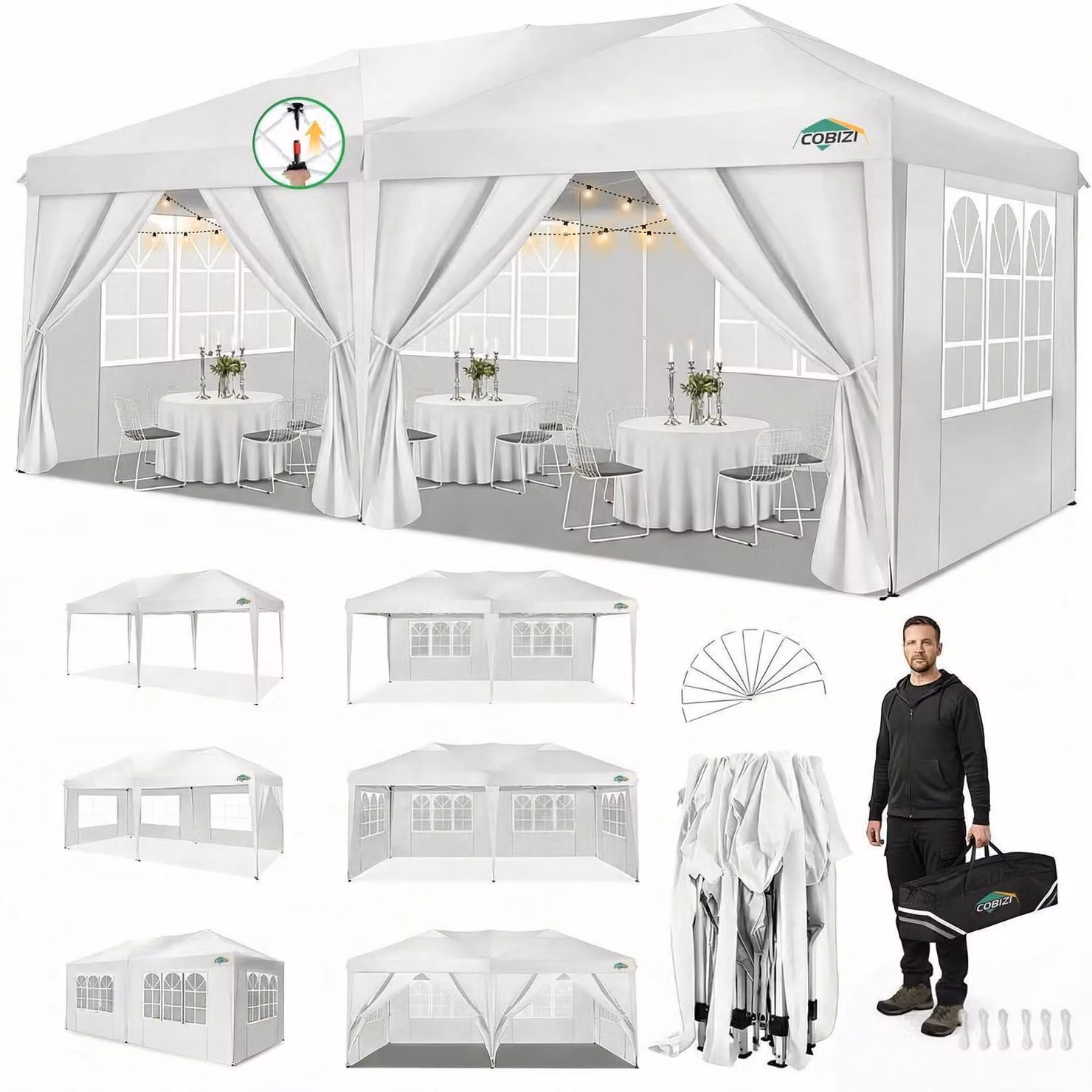 Gazebo da esterno 3x6 metri, bianco, con 6 pareti laterali, impermeabile, con protezione UV e struttura stabile