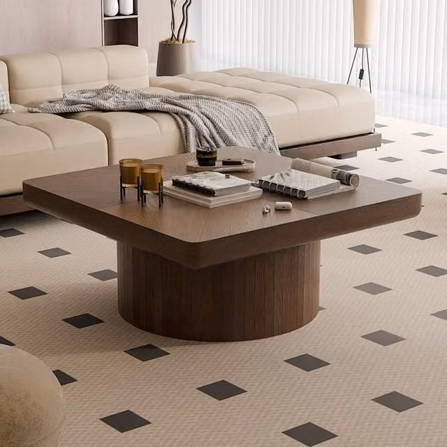 Tavolino basso fisso quadrato con piano effetto parquet e base cilindrica in legno e MDF color noce