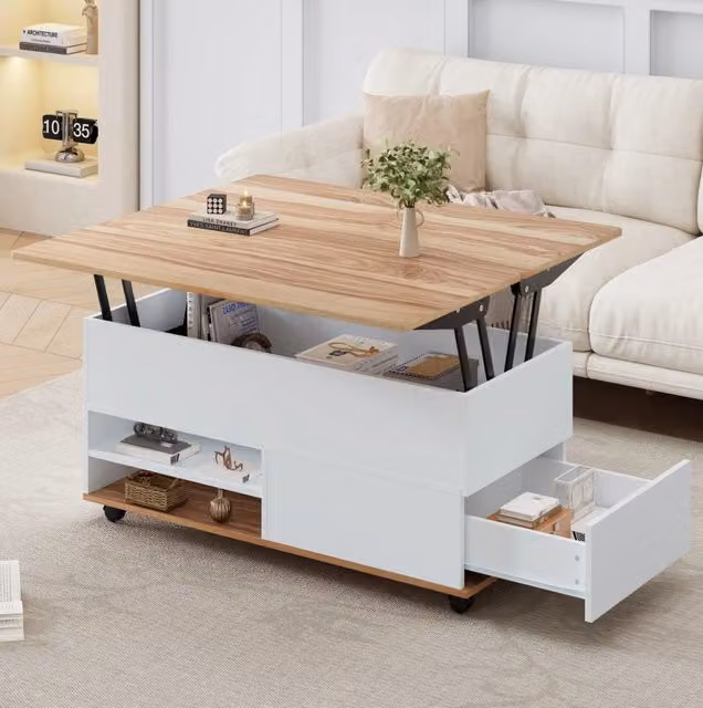 Tavolino da salotto ULEVR 100x98x65 cm con doppio piano sollevabile idraulico, cassetto, mobile e ruote, bianco