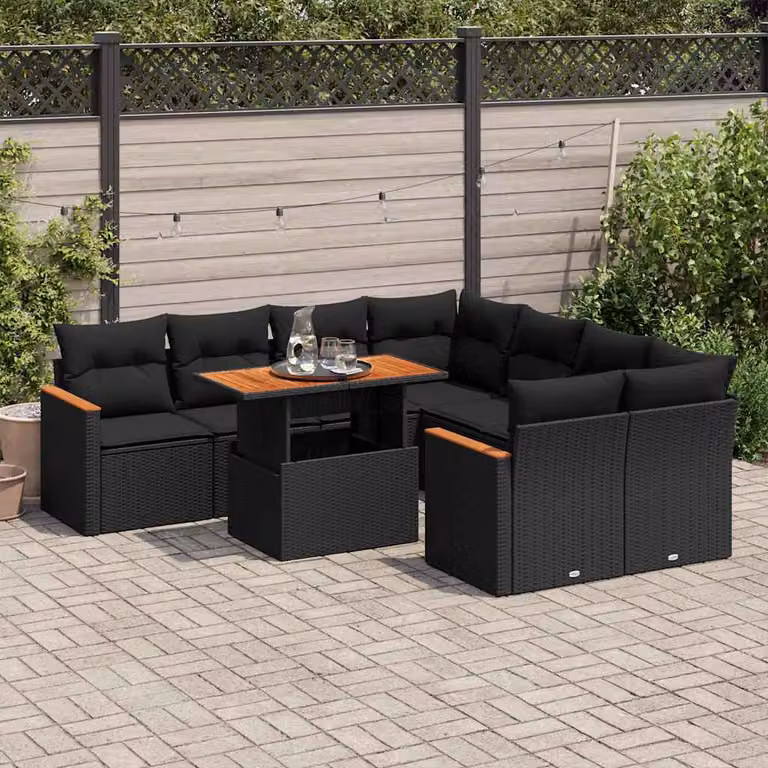 Maison Exclusive - Set Divani da Giardino 9 pz con Cuscini Nero Polyrattan Acacia