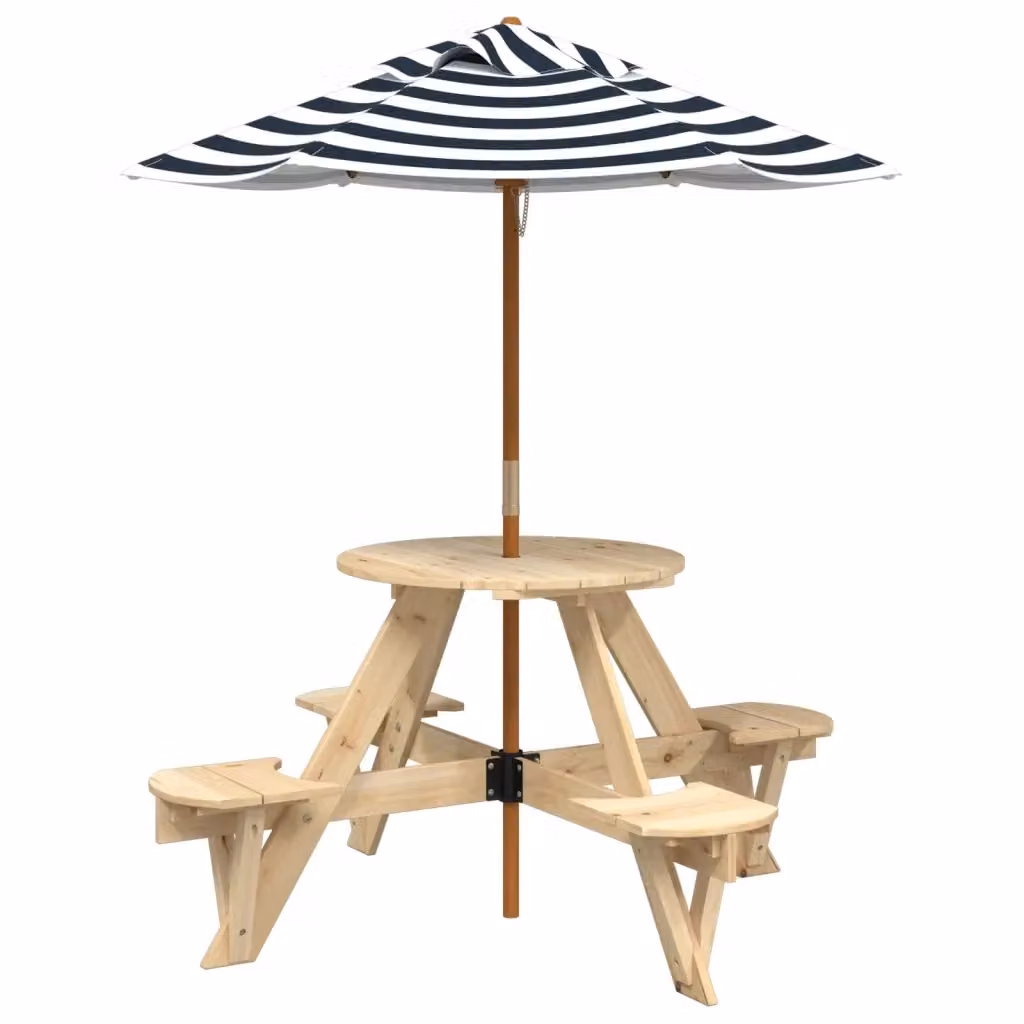 Tavolo da picnic per 4 bambini vidaXL in legno di abete con ombrellone rotondo blu e bianco L/P/H: 120 x 140 x 55 cm – 2