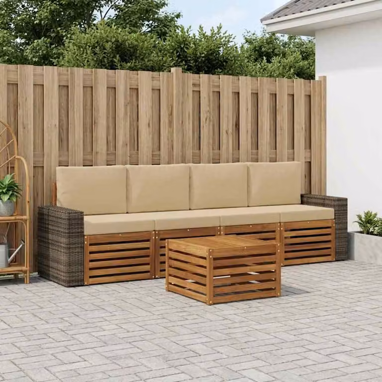 Set di divani da esterno vidaXL 5 pezzi in legno di acacia con tavolino e cuscini, colore beige e sabbia