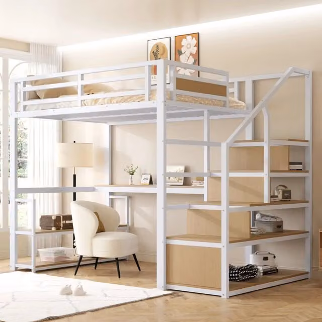 Letto a soppalco OKWISH singolo con scala contenitore, scrivania e ripiani, colore bianco, L/P/H: 200 x 140 x 255 cm