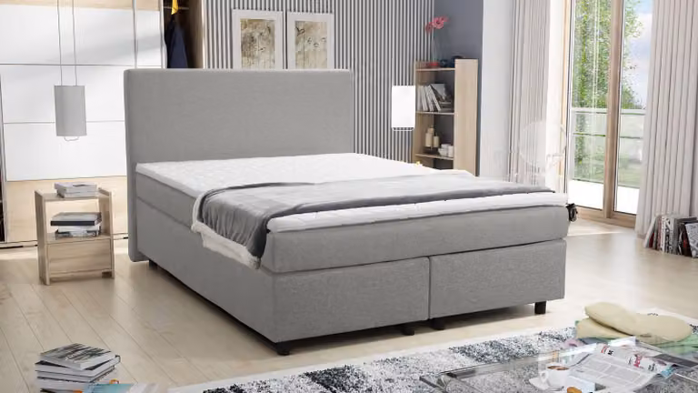 Letto boxspring tipo hotel 140x200 con rete a molle Bonell e topper Paxos 1 grigio chiaro