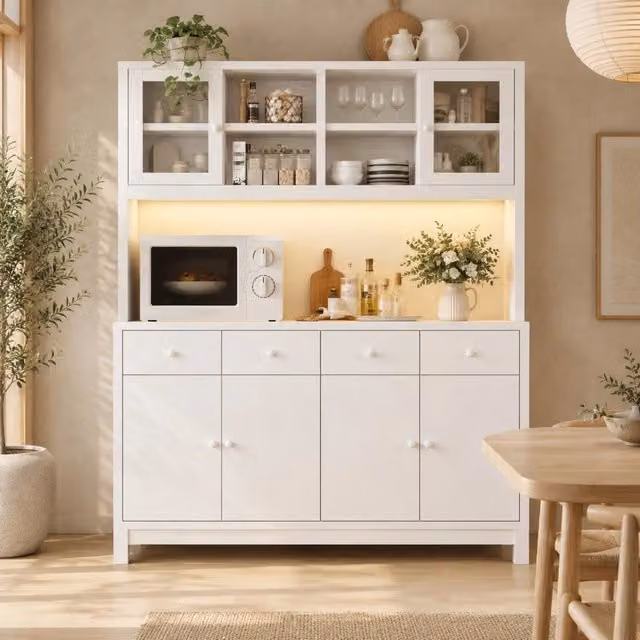 Credenza alta ULEVR 140x38,5x180 cm con LED RGB via app, vetrina, 4 cassetti e ripiani regolabili, bianca