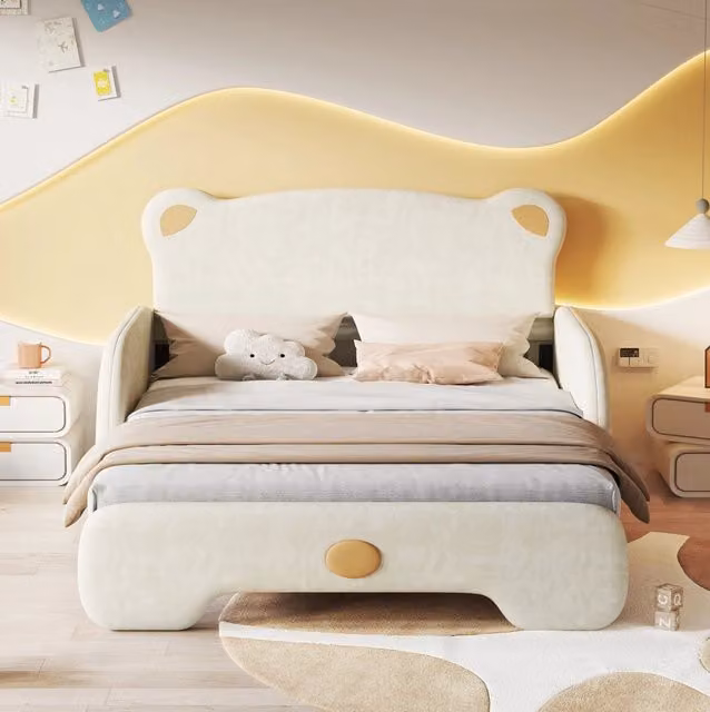 Letto imbottito a forma di orso 140x200 cm in velluto beige con letto estraibile