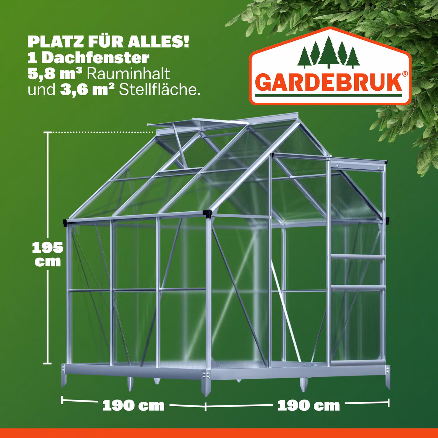 Serra Gardebruk® in alluminio e policarbonato color argento con fondamenta, L/P/H: 190 x 190 x 195 cm – 2