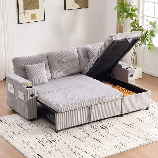 Divano 3 posti con chaise longue idraulica; letto estraibile a cassetto e USB-C; 212;5x136x86 cm; grigio chiaro
