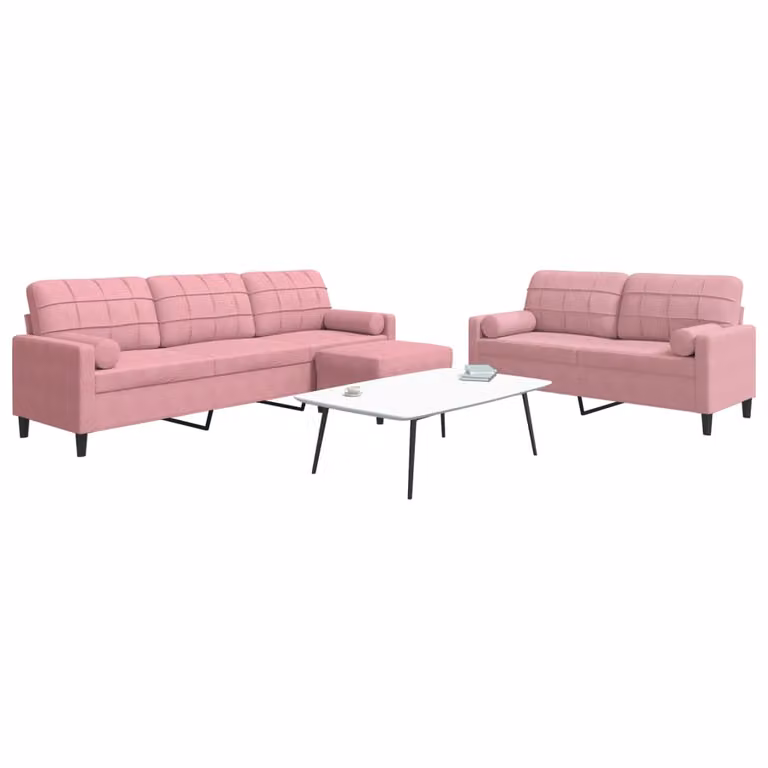 Set di divani vidaXL in velluto rosa composto da divano a 3 posti, divano a 2 posti e pouf con cuscini e struttura in metallo