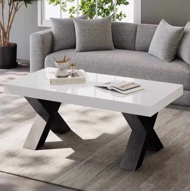 Tavolino 100x50x40 cm bianco e nero, piano lucido, gambe a X, MDF,