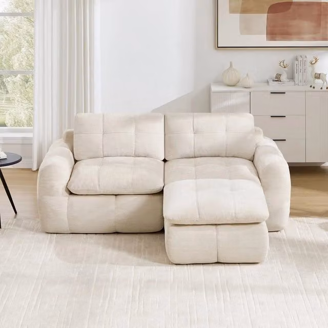 Divano angolare 2 posti con poggiapiedi ¨C Minimal ¨C Beige in tessuto chenille trapuntato