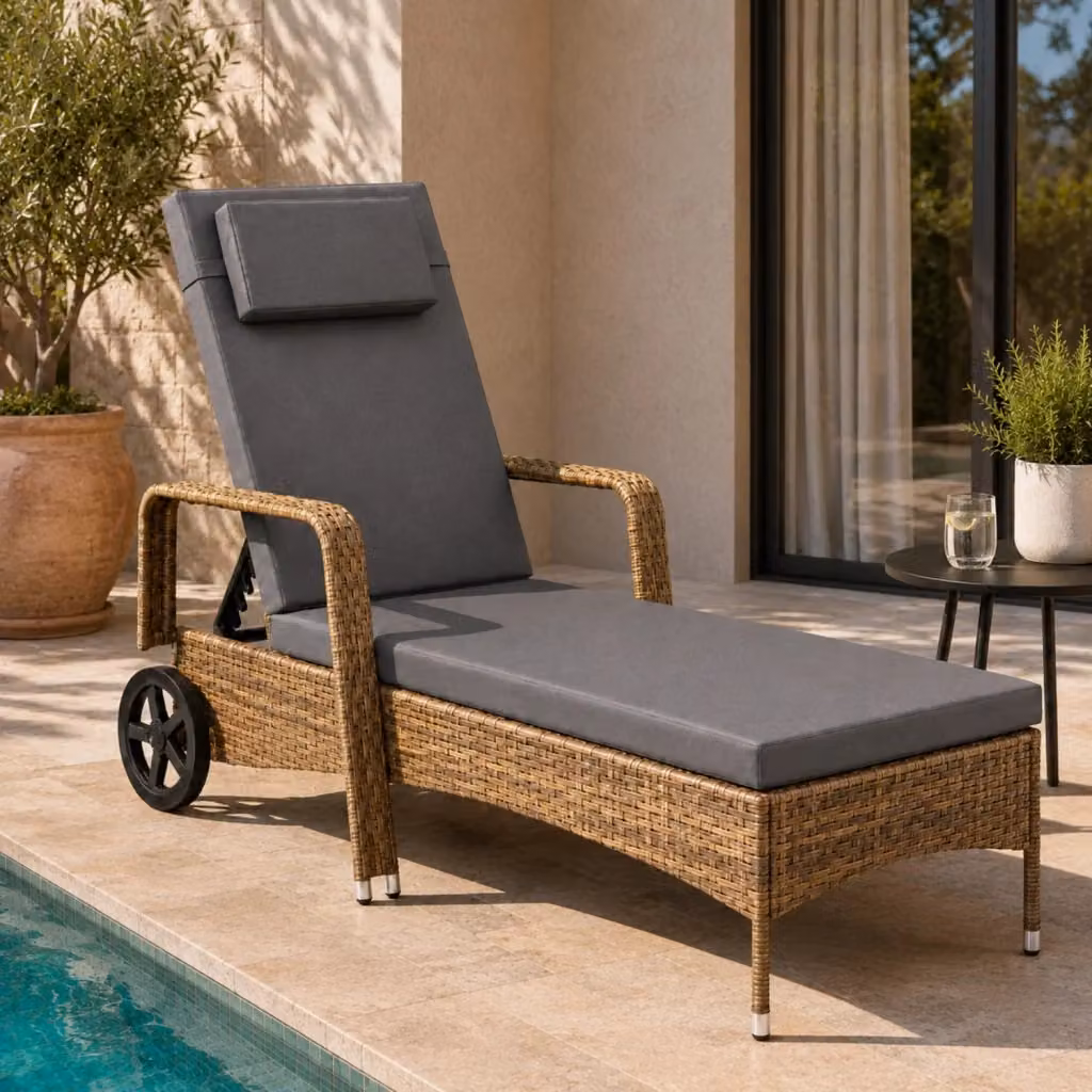 Lettino prendisole da esterno Arreditaly in polyrattan con schienale multiposizione, poggiatesta regolabile e ruote, marrone chiaro, L: 196 cm, P: 72 cm, H: 94.5 cm – 2