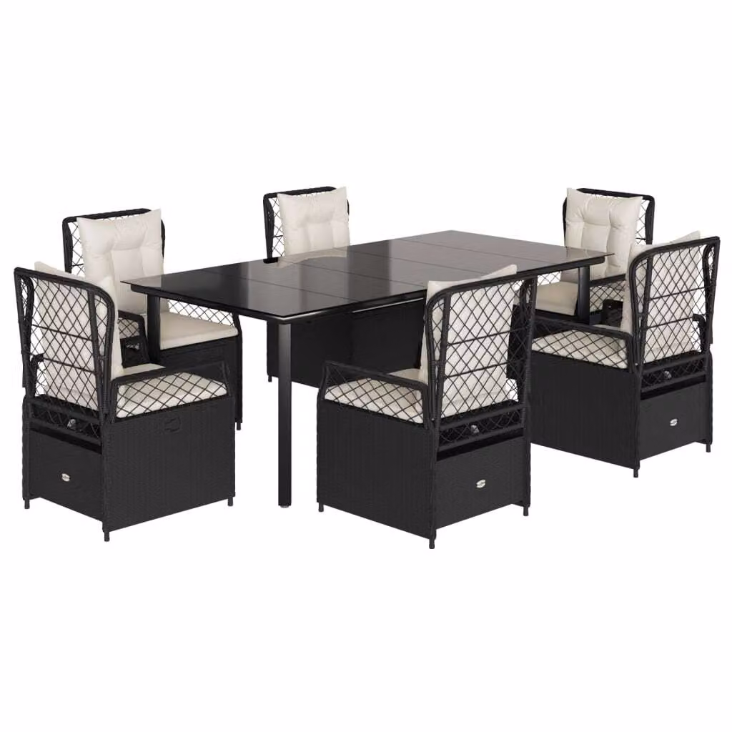 Set da Pranzo da Giardino 7 pz Nero con Cuscini in Polyrattan