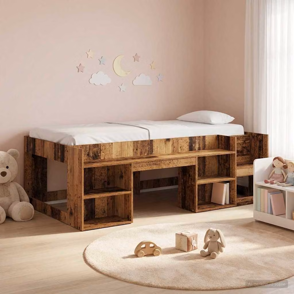 Letto singolo rialzato per bambini vidaXL in legno marrone con ripostiglio e scomparti laterali L/P/H: 200 x 120 x 127 cm