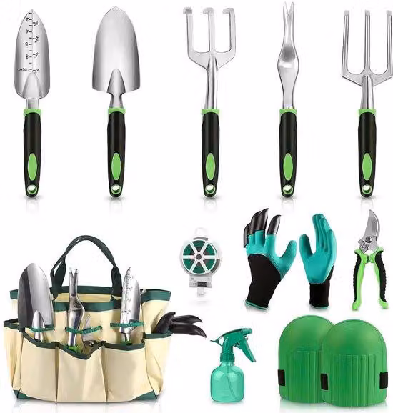 Set di attrezzi da giardino Ibenzoa® – set completo di utensili per il giardino, con elementi in acciaio inossidabile, manici ergonomici e una pratica borsa per il trasporto (pala, rastrello, zappa, forbici da giardino)