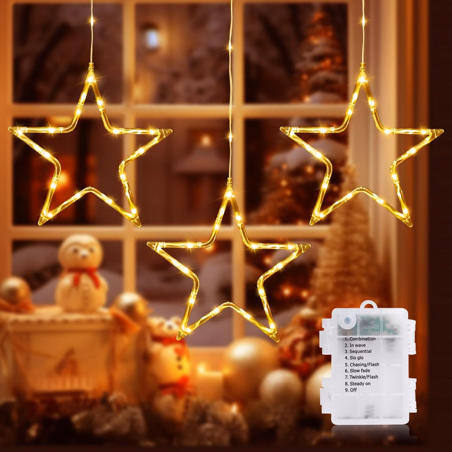 Decorazione natalizia a forma di stella con luci LED, per finestre, alimentata a batteria, 23 cm, luce bianco caldo