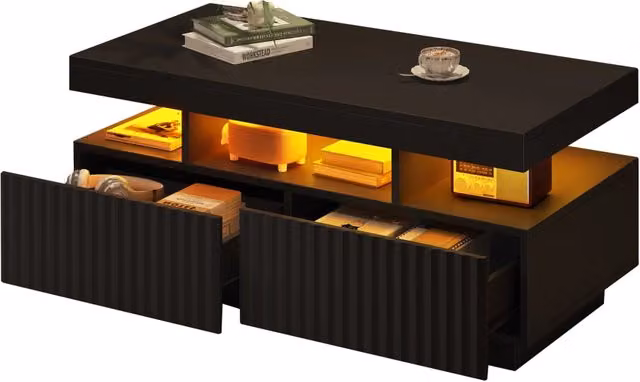 Tavolino da caffè con 2 cassetti; LED e vano aperto per soggiorno; nero 100×50×45 cm