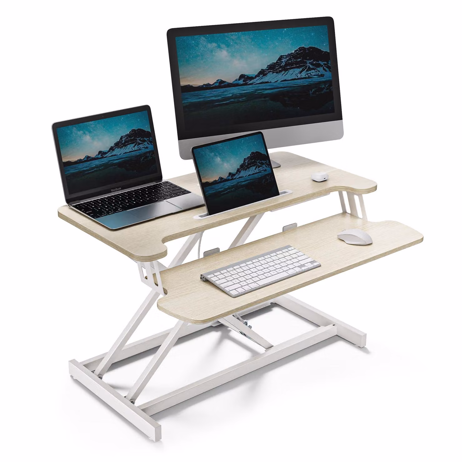 VonHaus Rialzo per Scrivania Sit-Stand, Legno Chiaro, 80 x 40 cm, con Ripiano per Tastiera e Supporto per Tablet