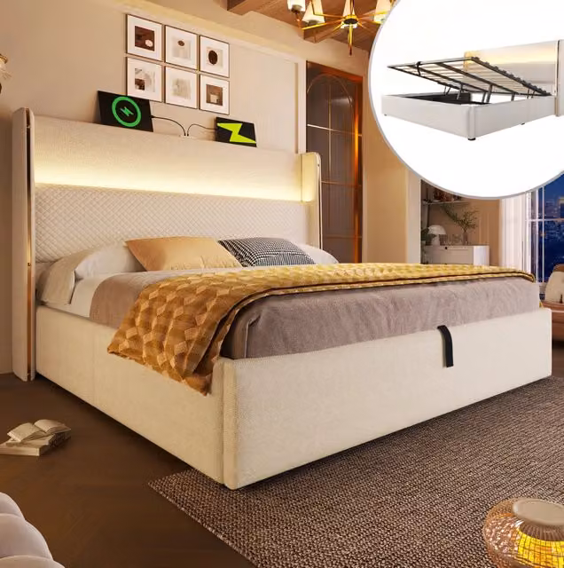 Letto matrimoniale 180x200 cm con LED, ricarica USB/Type-C e vano contenitore beige