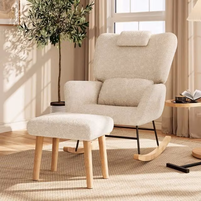 Sedia a Dondolo con Poggiapiedi e Cuscino Lombare; Poltrona Relax in Pile Teddy; Struttura in Metallo e Gamba in Legno Massello; Sedia di Lettura