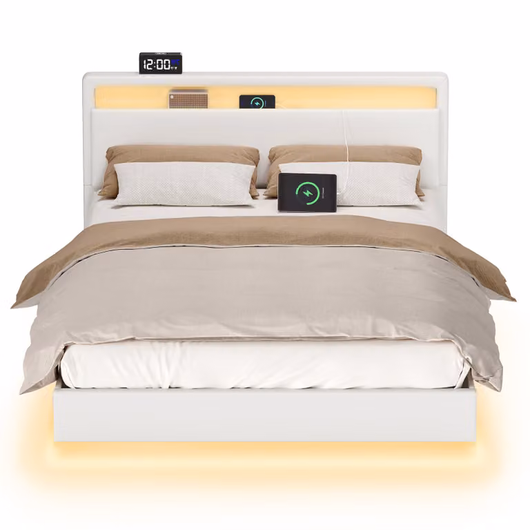 VASAGLE Struttura letto, letto matrimoniale, 140 x 200 cm, effetto sospeso, letto con illuminazione a LED, testiera alta, stazione di ricarica, moderno