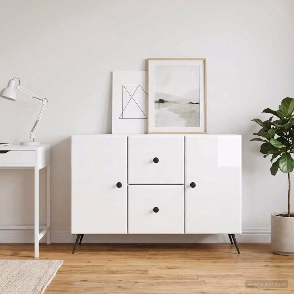 Credenza moderna vidaXL in legno MDF bianco lucido con illuminazione integrata L 89 cm x P 34,5 cm x H 60 cm