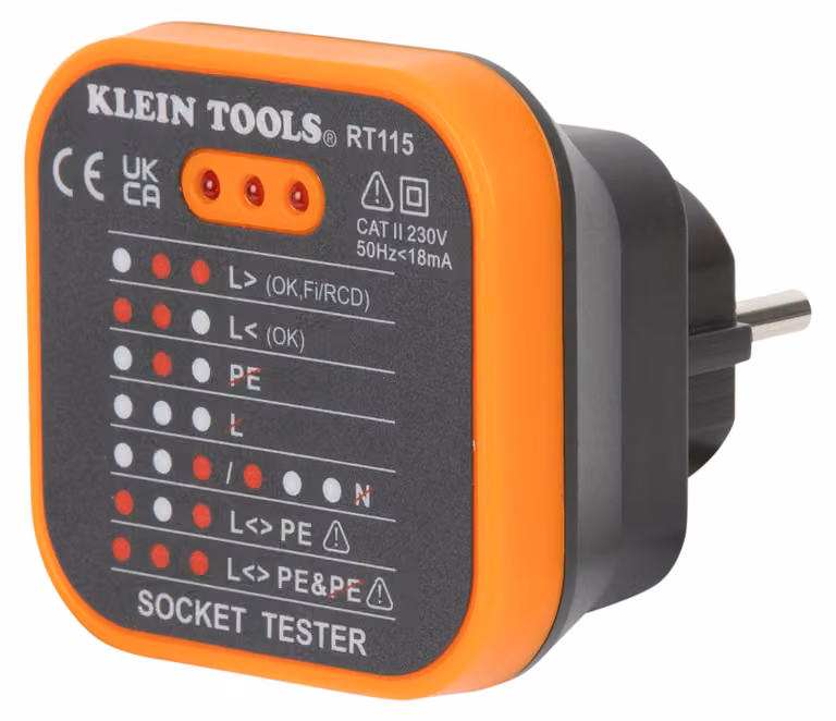 Tester per prese da 230 V, standard europeo, con indicatore LED, classe CAT II, conforme alla norma EN 61010-1