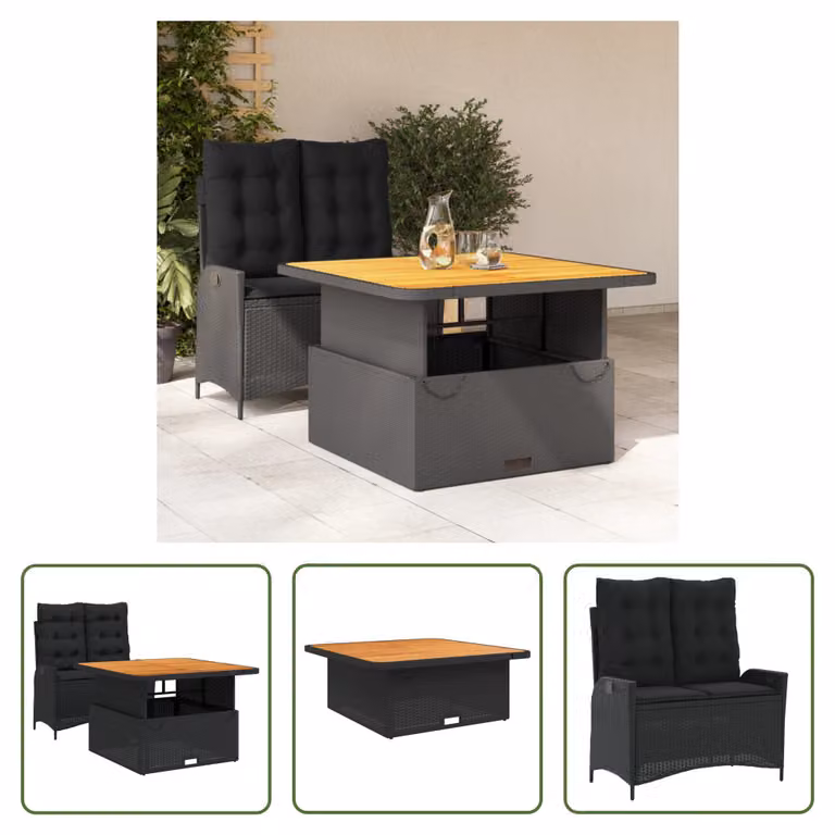 The Living Store Set da pranzo da giardino a 2 pezzi con cuscini in poly rattan nero