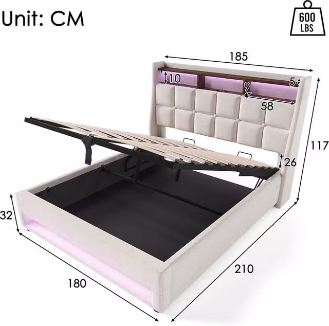 Letto a cassetone imbottito - Xylo - 180x200 cm - Beige - USB, LED, struttura metallica