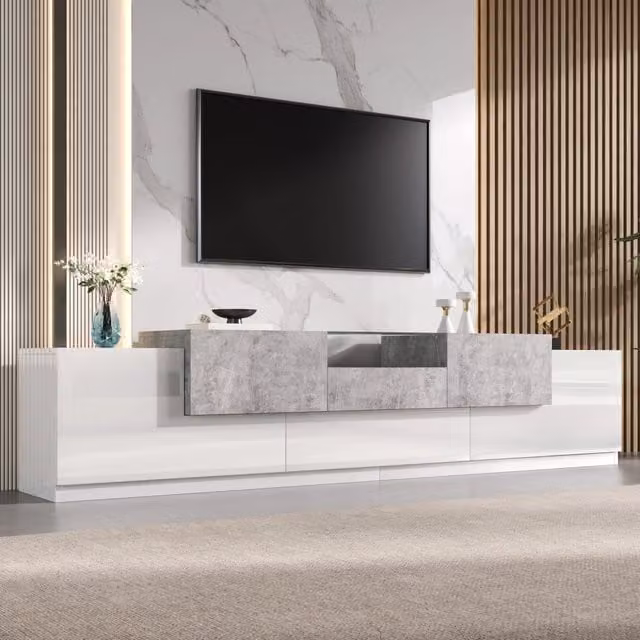 Mobile TV Mivray bianco con 4 ante, cassetto e ribalta in vetro temperato, L 200 cm x P 33 cm x H 48.5 cm