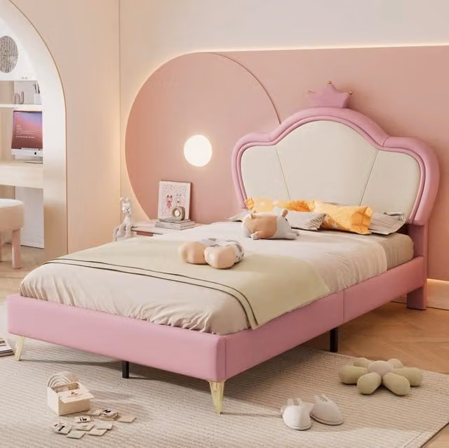 Letto singolo imbottito per bambini rosa e bianco 90x200 cm