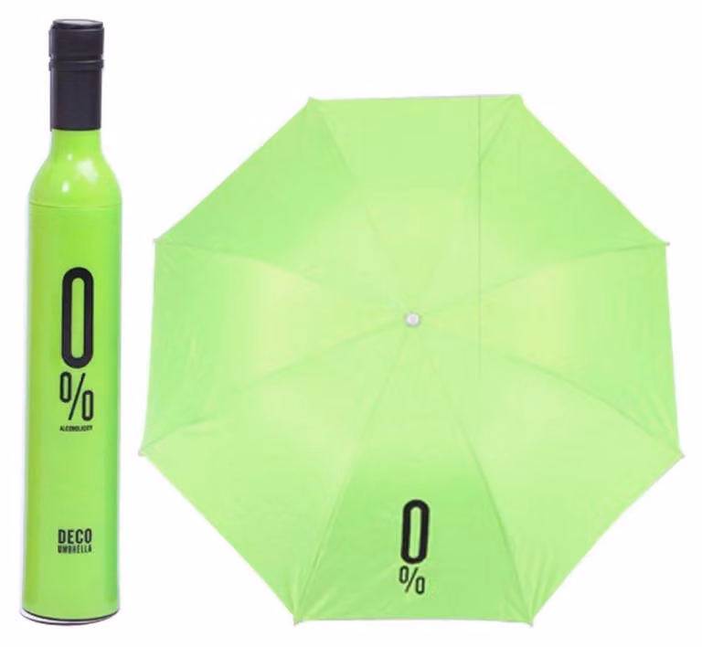 Ombrello compatto con protezione UV, design a bottiglia di vino, colore verde, 8 stecche