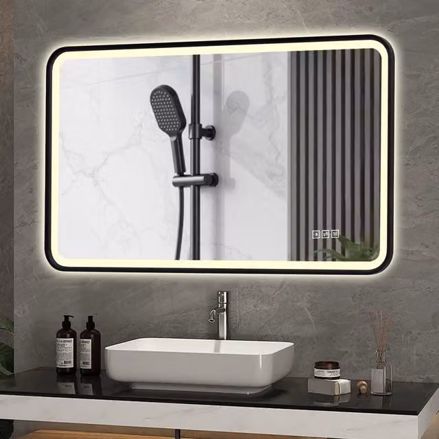 Specchio da bagno luminoso OKWISH con luce LED frontale e posteriore, funzione antiappannamento e memoria, 3 colori, nero, L: 70 cm, H: 90 cm