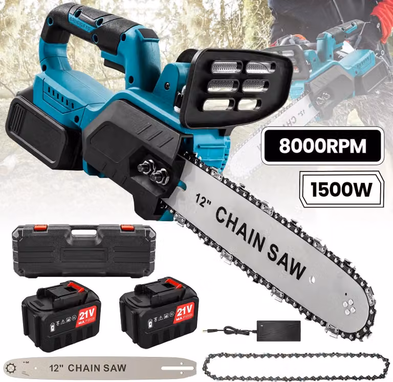 Troncatrice a batteria - Modello D, lama da 30 cm - Motore brushless da 3500W - Senza fili - Con 2 batterie - Ideale per tagliare legno e lavori di giardinaggio - Spina di tipo EU
