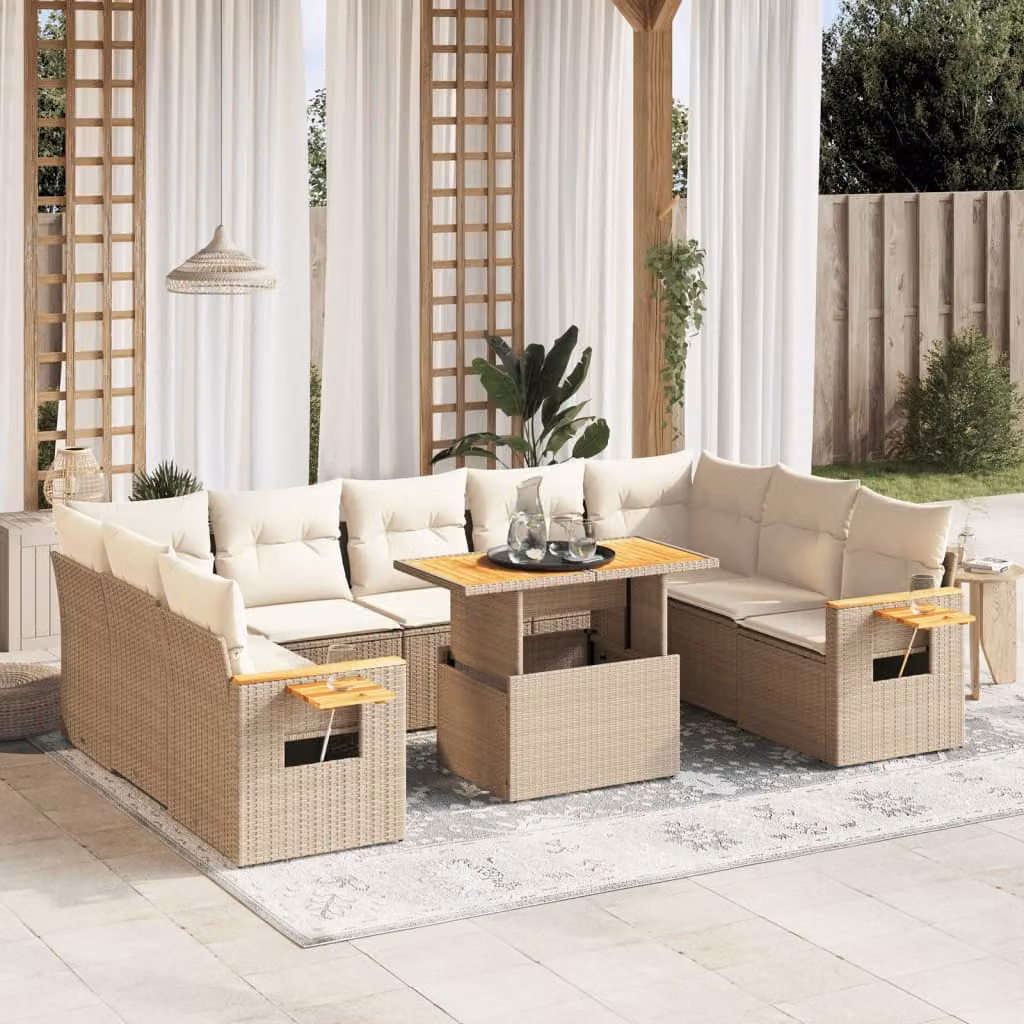 Set Divano da Giardino vidaXL 10 pz in Polyrattan con Cuscini Beige e Tavolino – 1