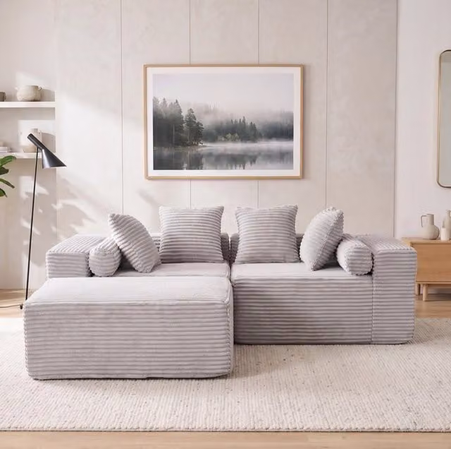 Divano modulare componibile con chaise longue; 3 pezzi; grigio