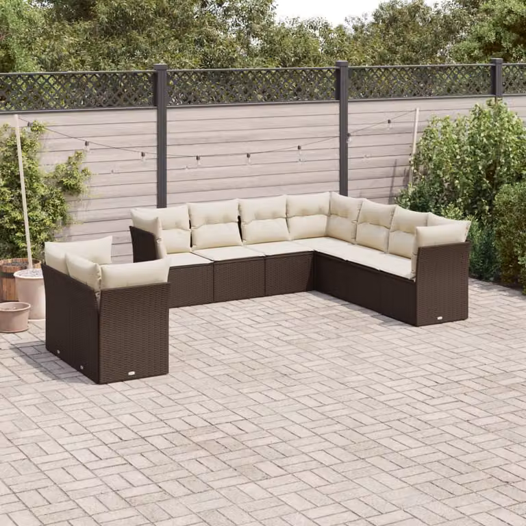 Set di Divani da Giardino a L vidaXL in Polyrattan Marrone con Cuscini Bianchi e Struttura in Metallo
