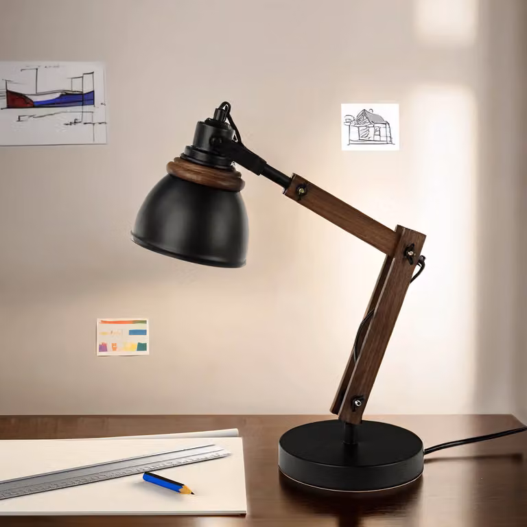 Lampada da tavolo nero naturale regolabile 52 cm legno metallo design retrò E14 lampada da tavolo NOAH