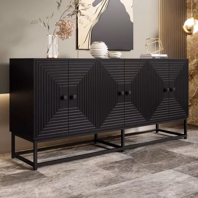 Mobile contenitore moderno con 3 scomparti e doppia anta in MDF nero opaco L: 160 cm, P: 38 cm, H: 75.5 cm