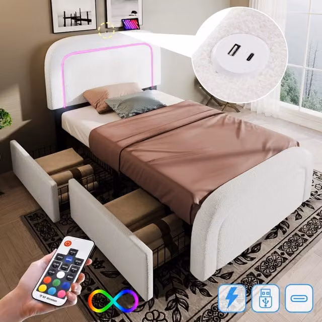 Letto singolo imbottito 90 × 200 cm con 2 cassetti, USB e Type-C, LED, senza materasso, in sherpa bianco