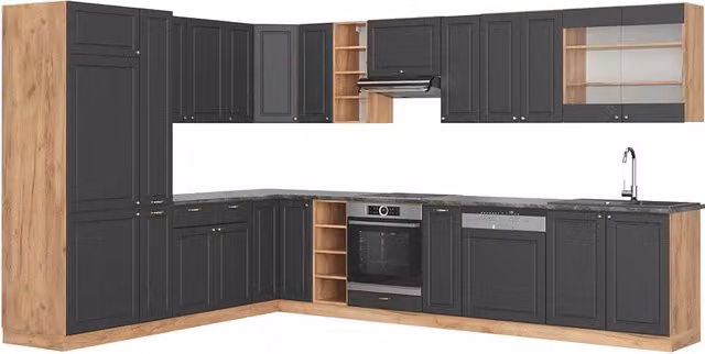 Cucina angolare completa Vicco Fame-Line Oro-antracite e Rovere dorato, stile rustico, L: 347 cm x P: 257 cm (senza piano di lavoro) – 1