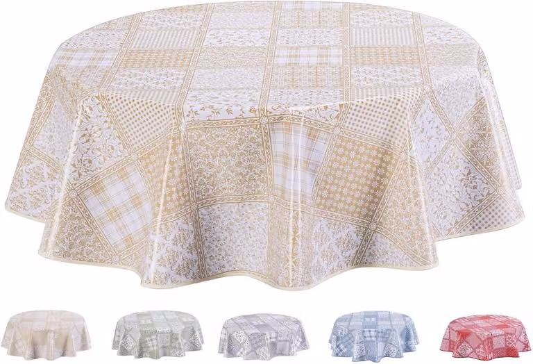 Tavolo rotondo in PVC, diametro 155 cm, color beige, adatto per giardino e cucina