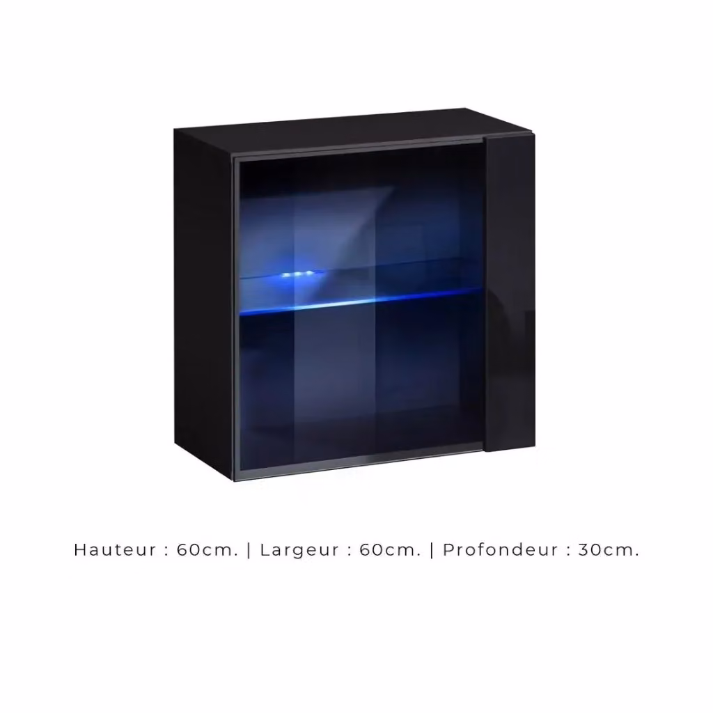 Vetrina sospesa nera Meublorama Collezione SWITCH con porta in vetro e illuminazione LED integrata L/P/H: 60 x 30 x 60 cm – 2