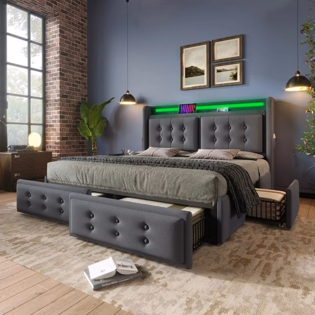 Letto Mivray con cassetti, illuminazione LED sottostante e porte di ricarica USB e Type-C, rivestimento in cotone e lino grigio, L/P/H: 220 x 140 x 106 cm – 2